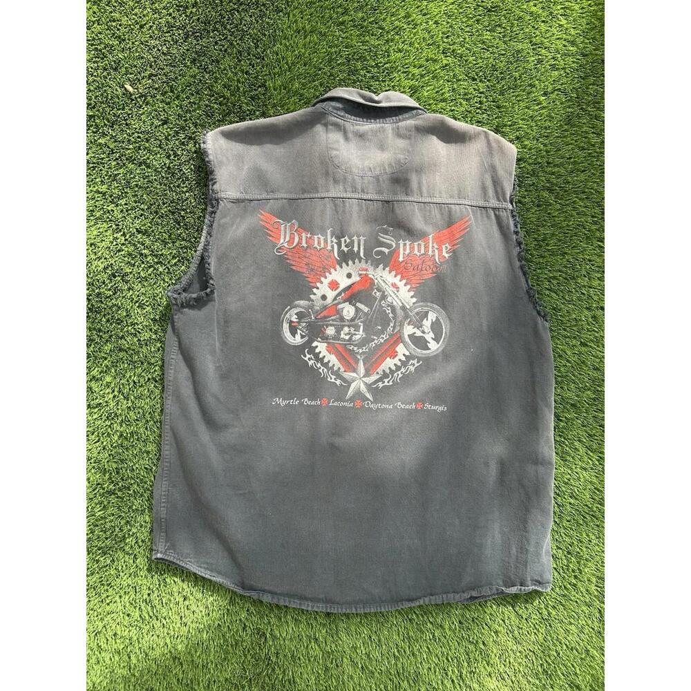 Broken Spoke Saloon biker cutoff sleeve button up t-shirt size XL grey.